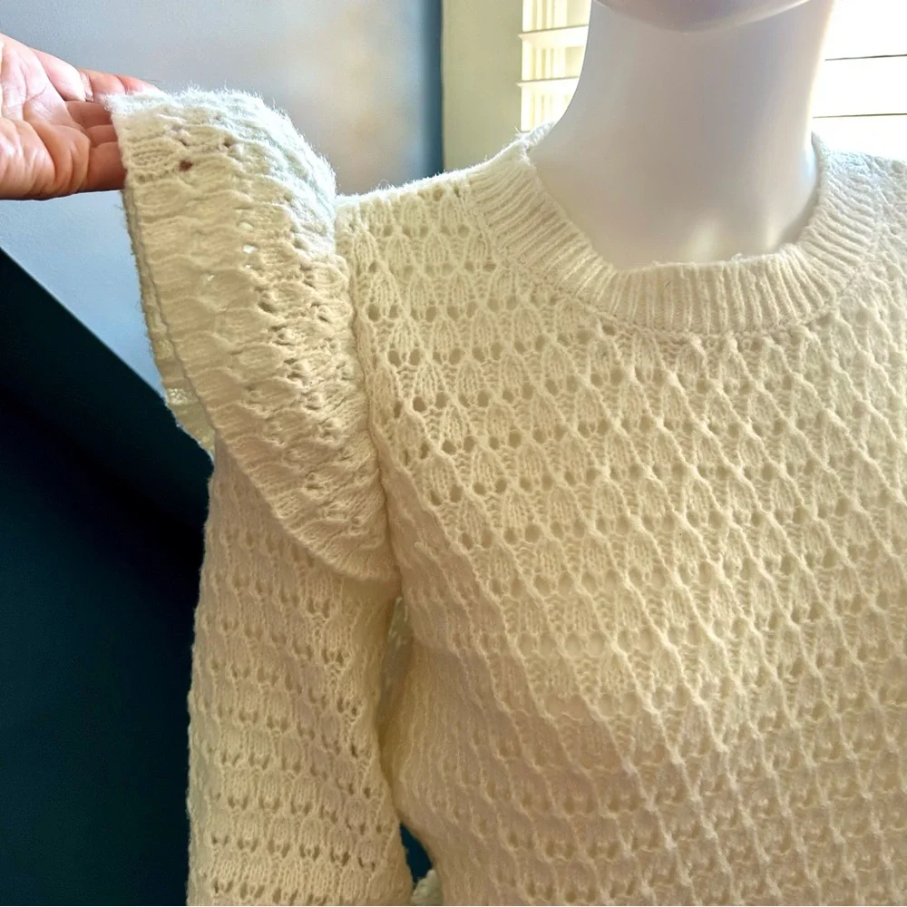 LOFT Cream Ruffle Shoulder Crewneck Knit Pull Over Sweater - Picture 6 of 12